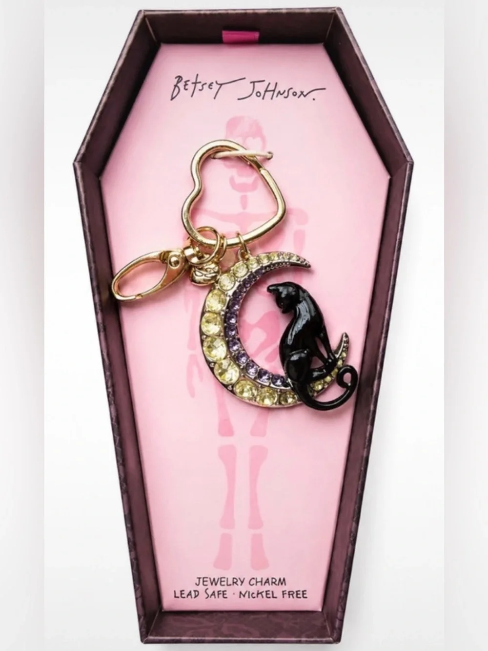 BETSEY JOHNSON Halloween Black Cat & Crystal-Studded Moon Bag Charm Keychain NWT